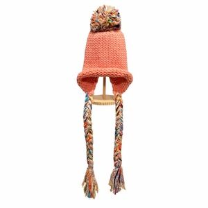 Pink Knit Trapper Hat with Pom & Braided Tassels – Cozy Winter Ear Flap Hat OS